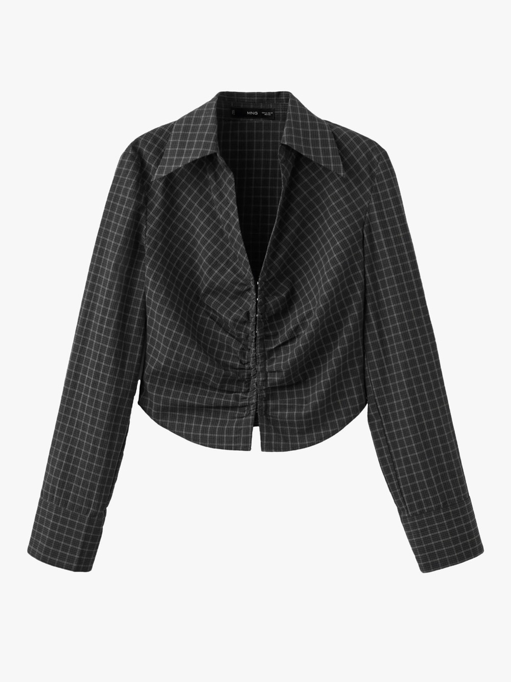 Mango Black and Gray Windowpane Ruched Button-Up Shirt